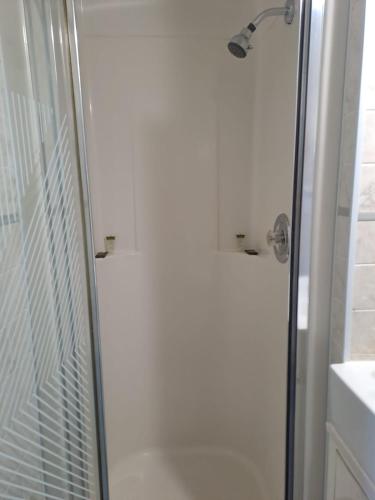 a shower with a glass door next to a sink at Three Island Motel in Bobcaygeon