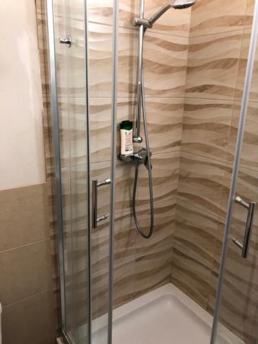 a shower in a bathroom with a glass door at Sunlit apartment close to city center in Prague