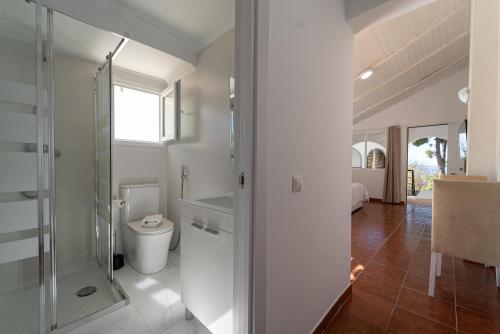 ein Badezimmer mit Toilette und Glasdusche in der Unterkunft CASADELMAR Marbella 23 APARTAMENTOS VACACIONALES in Marbella