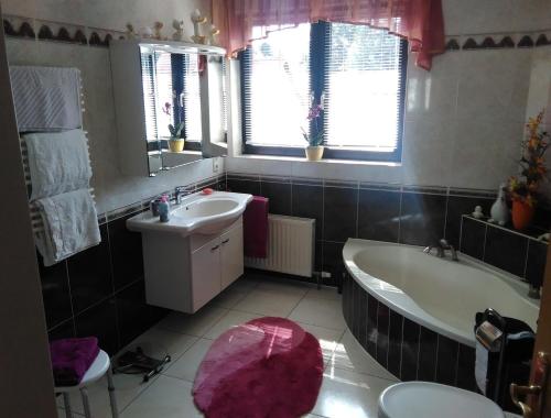 a bathroom with a tub and a sink and a bath tub at Haus Göhrenz in Markranstädt