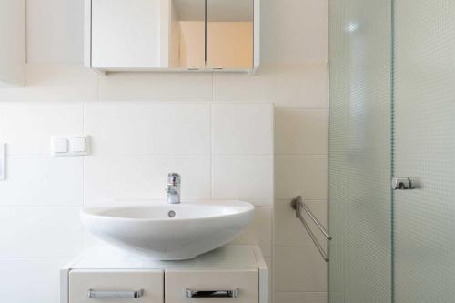 y baño con lavabo y ducha acristalada. en Villa Marin Wohnung 24, en Zinnowitz