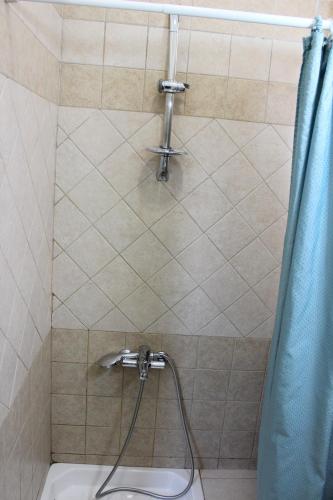 W łazience znajduje się prysznic z niebieską zasłoną prysznicową. w obiekcie The Bridgettine Sisters Monastery w Jerozolimie