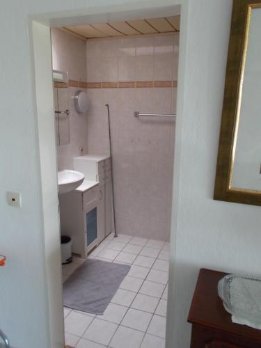 uma casa de banho com um chuveiro, um lavatório e um WC. em Haus Bergeshöh Hochsauerland em Eslohe