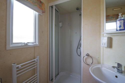 ein Bad mit einer Dusche und einem Waschbecken in der Unterkunft 8 Berth Caravan For Hire At Breydon Water Holiday Park In Norfolk Ref 10029rp in Belton