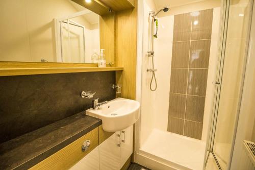 een badkamer met een wastafel en een douche bij Luxury Caravan With Decking Nearby Scratby Beach In Norfolk Ref 50001bm in Great Yarmouth