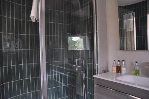a bathroom with a glass shower and a sink at Tir y Coed Country House in Conwy