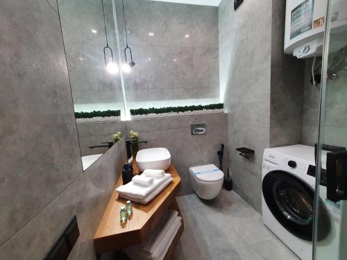 a bathroom with a sink toilet and a washing machine at VIP studio in the center of Kyiv residential complex "Yaroslavov Grad" in Kyiv