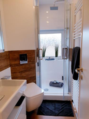 ein Bad mit einem WC und einer Dusche in der Unterkunft Apartment in Herne in Herne