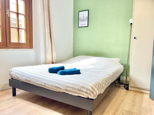 Bett mit zwei blauen Kissen auf einem Zimmer in der Unterkunft Le Blossac, à 300m du centre ville - WIFI in Poitiers