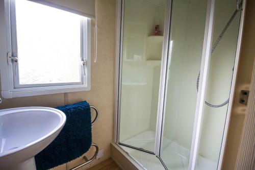 a bathroom with a shower and a sink at 8 Berth Spacious Dog Friendly Caravan, Near Great Yarmouth In Norfolk Ref 10004g in Belton