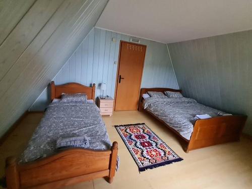 a bedroom with two beds and a rug at Green House with Lake View in Perućac