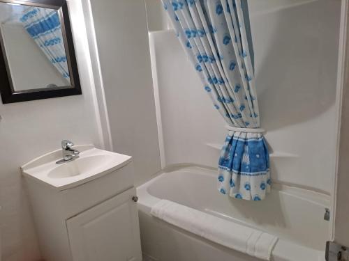 a bathroom with a sink and a toilet and a shower curtain at Three Island Motel in Bobcaygeon