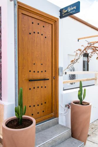two cacti in front of a wooden door at Sunwaves Beach studio I in Ialyssos