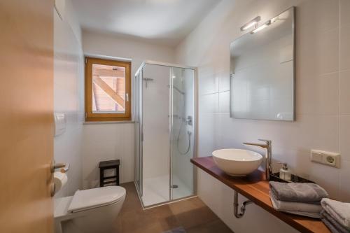 a bathroom with a toilet sink and a shower at Dissertorihof in Caldaro