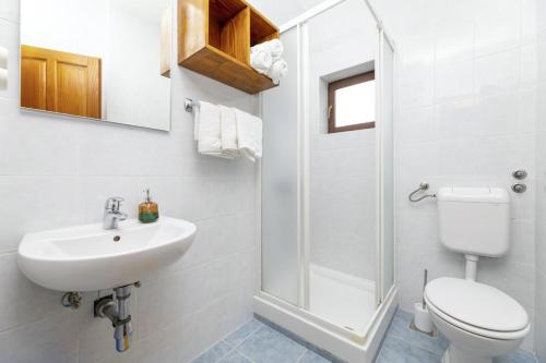 Dobrinj的住宿－Lorenzo in Klanice (Haus 2 für 6 Personen)，一间带水槽、卫生间和淋浴的浴室