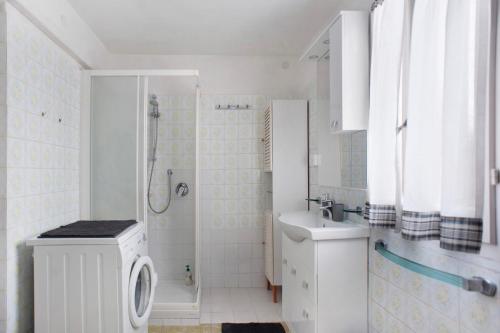 baño blanco con ducha y lavamanos en Da Chicca en Bolano