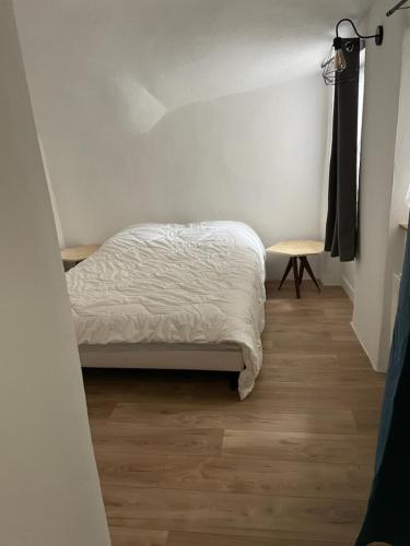 a bedroom with a bed and a wooden floor at Appartement St Amant Tallende in Saint-Amant-Tallende
