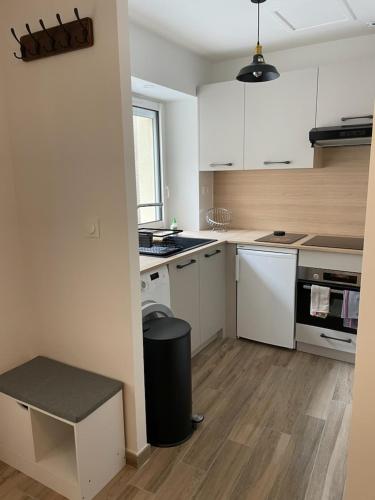 una cocina con armarios blancos y un cubo de basura negro en Appartement St Amant Tallende en Saint-Amant-Tallende