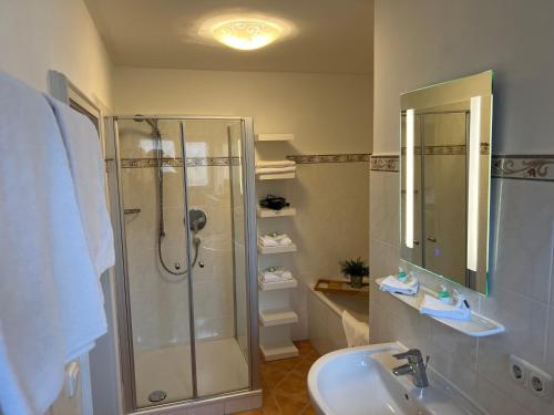 a bathroom with a shower and a sink at Alpen Suite Tegernsee - große Sonnenterasse und idyllischer Garten in Bad Wiessee