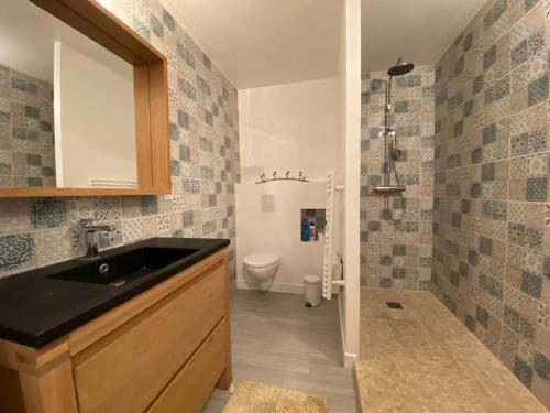 a bathroom with a sink and a toilet at La Garrigue, au milieu des pins maritimes... in Cucq