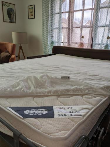 Postel nebo postele na pokoji v ubytování Au chalet d'Illiers Combray, grand jardin arboré