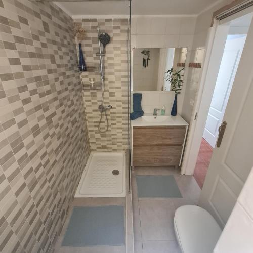 baño pequeño con ducha y lavamanos en Habitación doble con baño y terraza privada, en El Médano