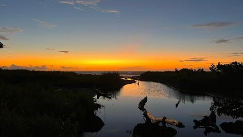 a giraffe standing in the water at sunset at Villa Luz Ovelia in El Valle