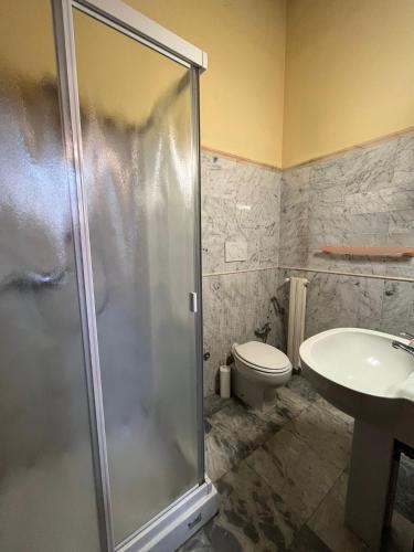 a bathroom with a shower and a toilet and a sink at Hotel Villa Maya in Cascina