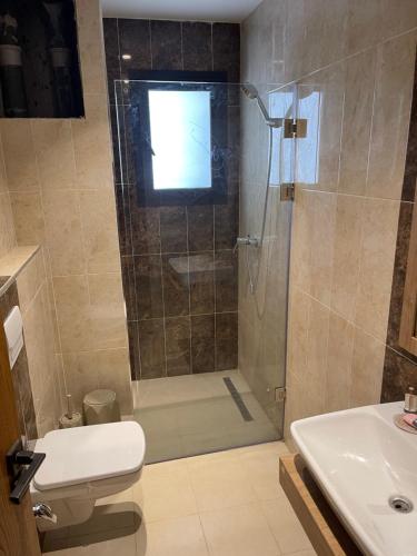a bathroom with a shower and a toilet and a sink at Appartement s2 luxe tunis Jardins de Carthage in Tunis