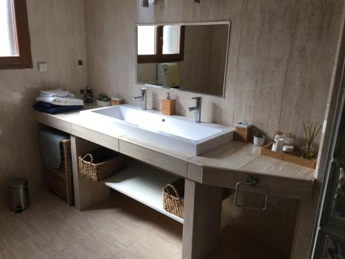 a bathroom with a large white sink and a mirror at Coeur de nature in Rasiguères