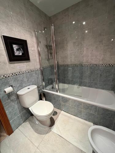 a bathroom with a toilet and a tub and a sink at Pinada del Rio Villa, Alicante in Tibi