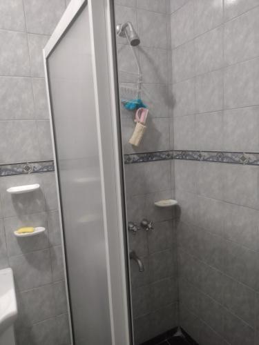 y baño con ducha y puerta de cristal. en Rivadavia Mendoza -Casa López en Rivadavia