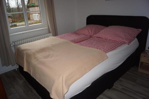 a bed with red and white pillows and a window at Landhaus Eickhof in Niederhaverbeck