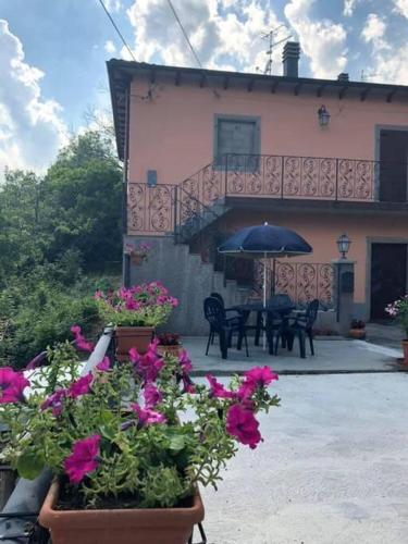 une maison avec des fleurs, une table et un parasol dans l'établissement APPARTAMENTO POGGIGRILLi, à Pievepelago