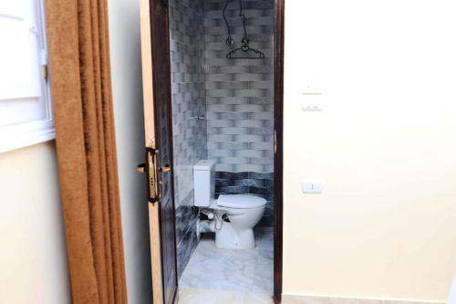 a bathroom with a toilet with a brick wall at Happiness Guest House in Luxor