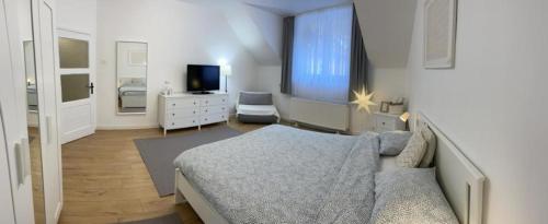 a bedroom with a bed and a tv in it at Apartament Agnes in Braşov