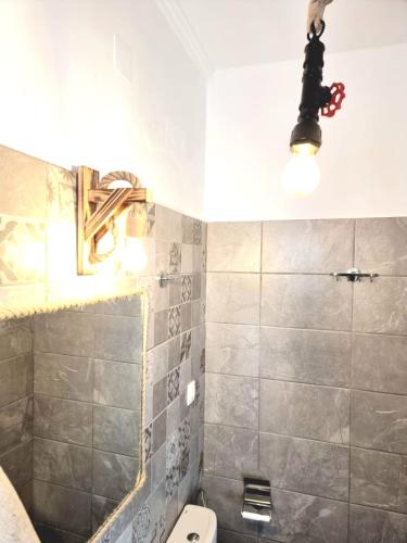 a bathroom with a shower and a toilet and a light at Joannes Vacation Rooms in Adamas