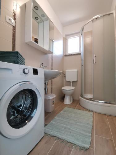 a bathroom with a washing machine and a sink at Apartman MARIJETA in Mošćenička Draga