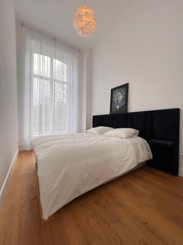 - une chambre blanche avec un grand lit et un lustre dans l'établissement Appartement château de Lewarde, à Douai