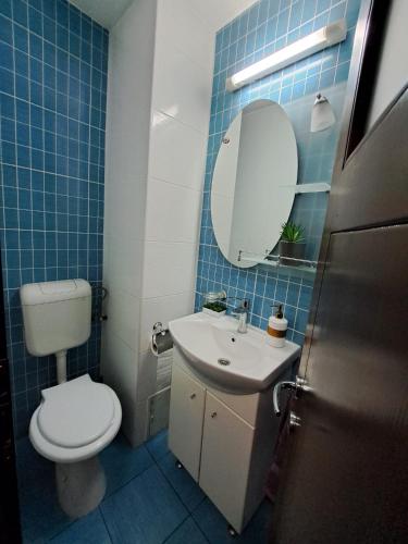 uma casa de banho com um WC, um lavatório e um espelho. em Apartament Raul em Sânmartin