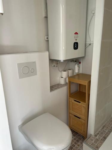 un piccolo bagno con servizi igienici e armadio di Appartement hyper centre de Cabourg avec balcon a Cabourg