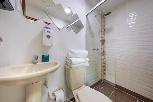y baño con lavabo, aseo y ducha. en Hotel Ayenda Palo Alto, en Medellín
