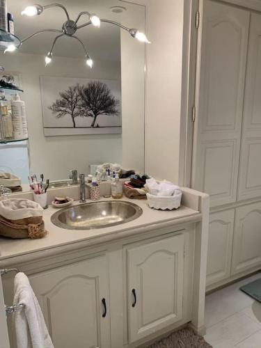 une salle de bain avec un lavabo et un miroir dans l'établissement Charming Provencal Mas with amazing sea view and pool, à Saint-Tropez