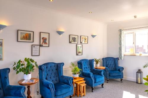 una sala de espera con sillas azules y una mesa en The Shelbourne, en Llandudno