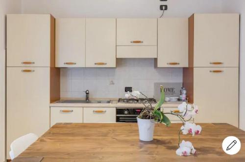 a kitchen with white cabinets and a wooden table with a plant at Casa Ulivi Rosso in Rivoltella