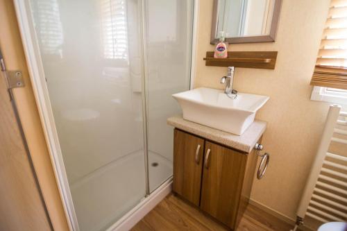 a bathroom with a shower and a sink at 6 Berth Caravan With Decking At Manor Park In Hunstanton Ref 23017h in Hunstanton