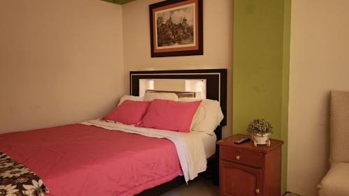 a bedroom with a bed with pink pillows and a table at Renacer apartamentos in Tacna