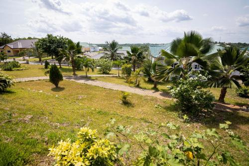 a view of a park with palm trees and bushes at Nuach Bayit in Cape Coast