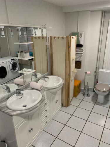 baño con 2 lavabos, aseo y microondas en Au Lalli, en Kientzheim