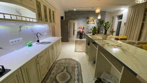 uma cozinha com um lavatório e uma bancada em Duplex80 em Tashkent